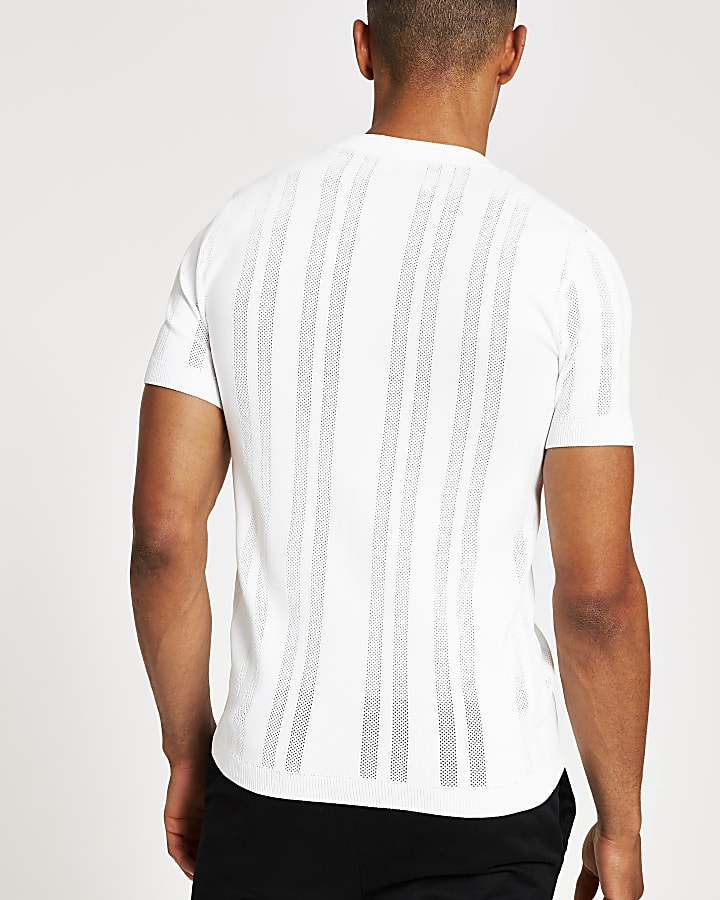 White pointelle knitted muscle fit t-shirt