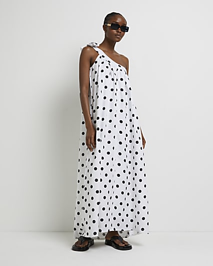 White polka dot one shoulder maxi dress