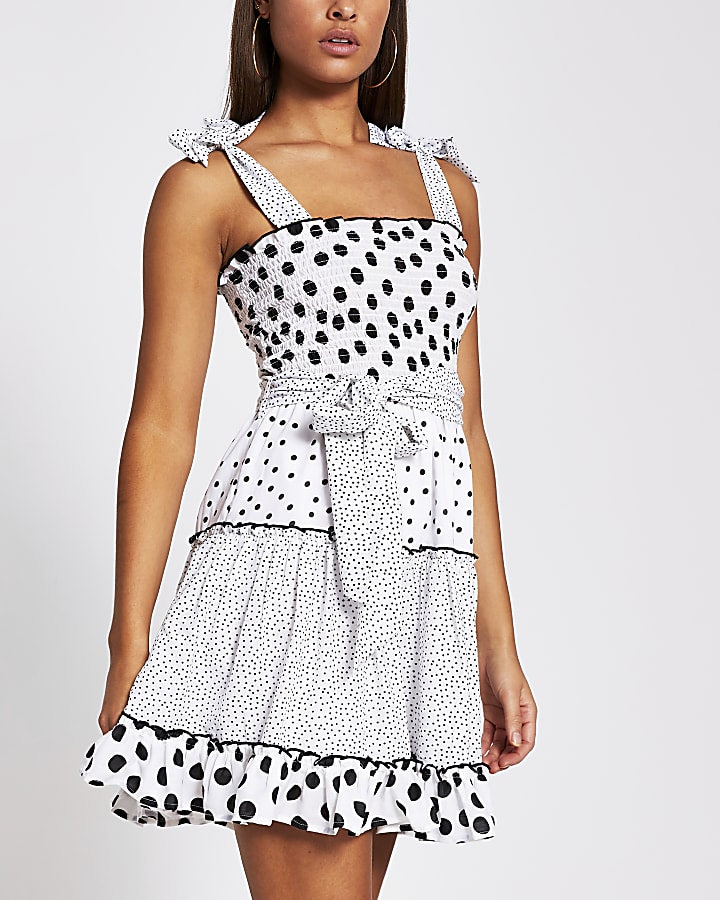 White polka dot shirred mini beach dress