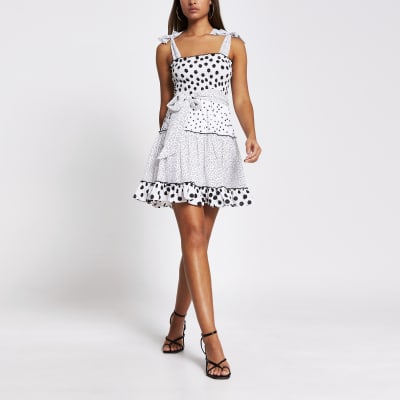 White polka dot shirred mini beach dress