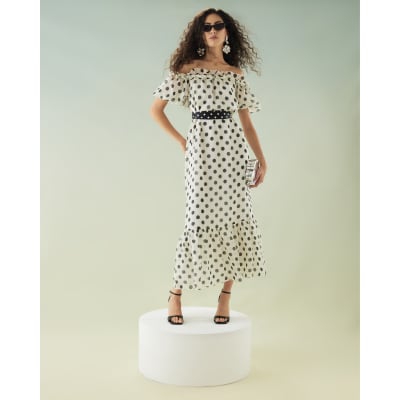 White Polka Dot Tiered Bardot Maxi Dress