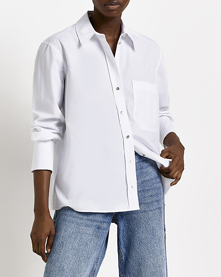 White poplin cross back long sleeve shirt
