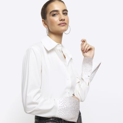 White poplin diamante cuff shirt | River Island