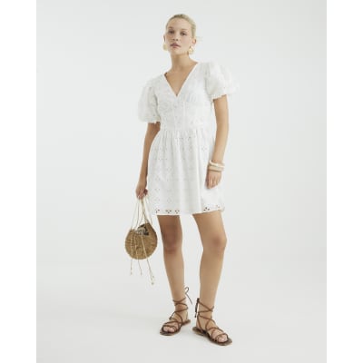 White Premium Broderie Mini Dress | River Island