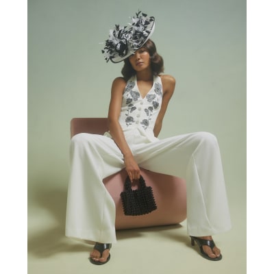 White Premium Halter Embroidered Jumpsuit