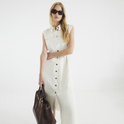 White Premium Midi Utility Shirt Dress