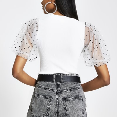 White puff organza polka dot sleeve knit top