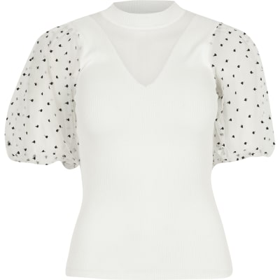 White puff organza polka dot sleeve knit top