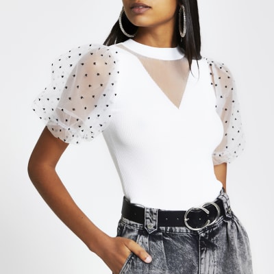 White puff organza polka dot sleeve knit top
