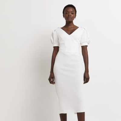 White puff sleeve midi dress | River Island