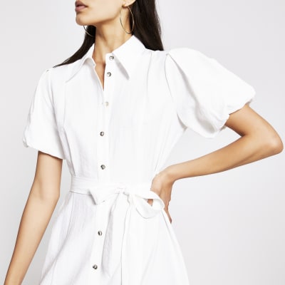 white puff sleeve shirt dress