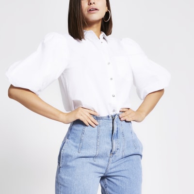 White puff sleeve poplin shirt | River Island