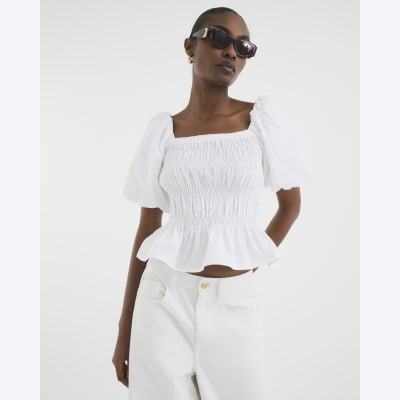 White Puff Sleeve Shirred Top | River Island
