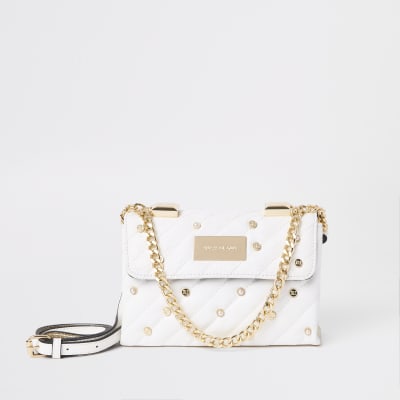 White quilted embellished cross body bag