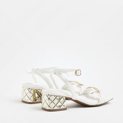 White quilted heeled block sandals River Island