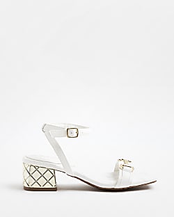 White quilted heeled block sandals