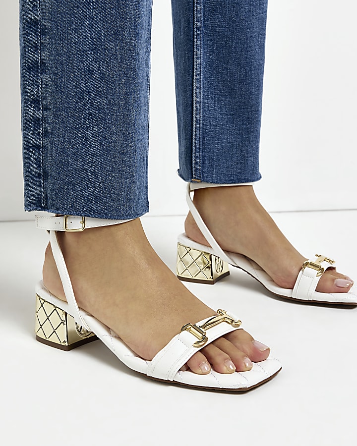 White quilted heeled block sandals