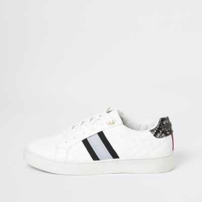 White quilted lace up trainers River Island