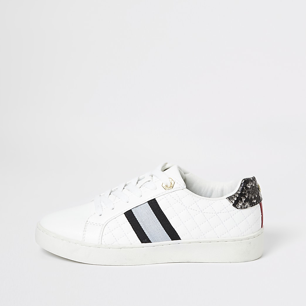 White quilted lace up trainers | River Island