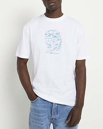 White regular fit art print t-shirt