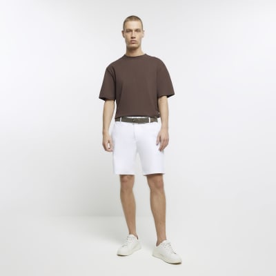 White regular fit belted chino shorts