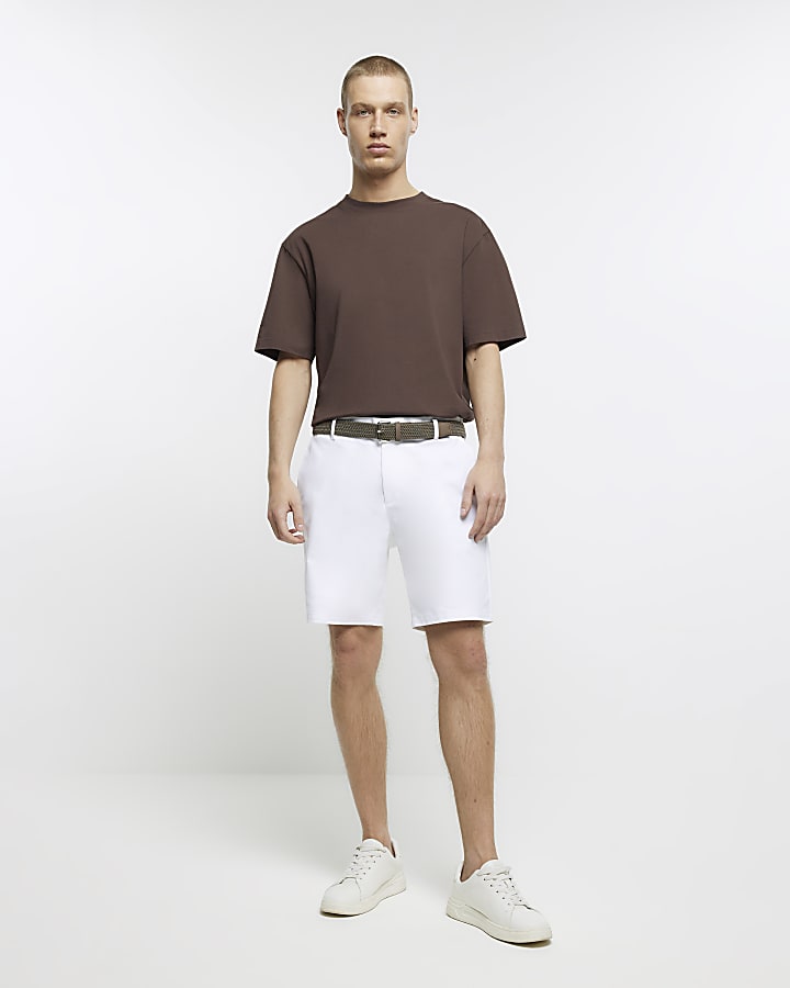 White regular fit belted chino shorts