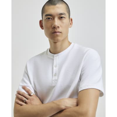 White Regular Fit Cotton Henley Neck T-Shirt