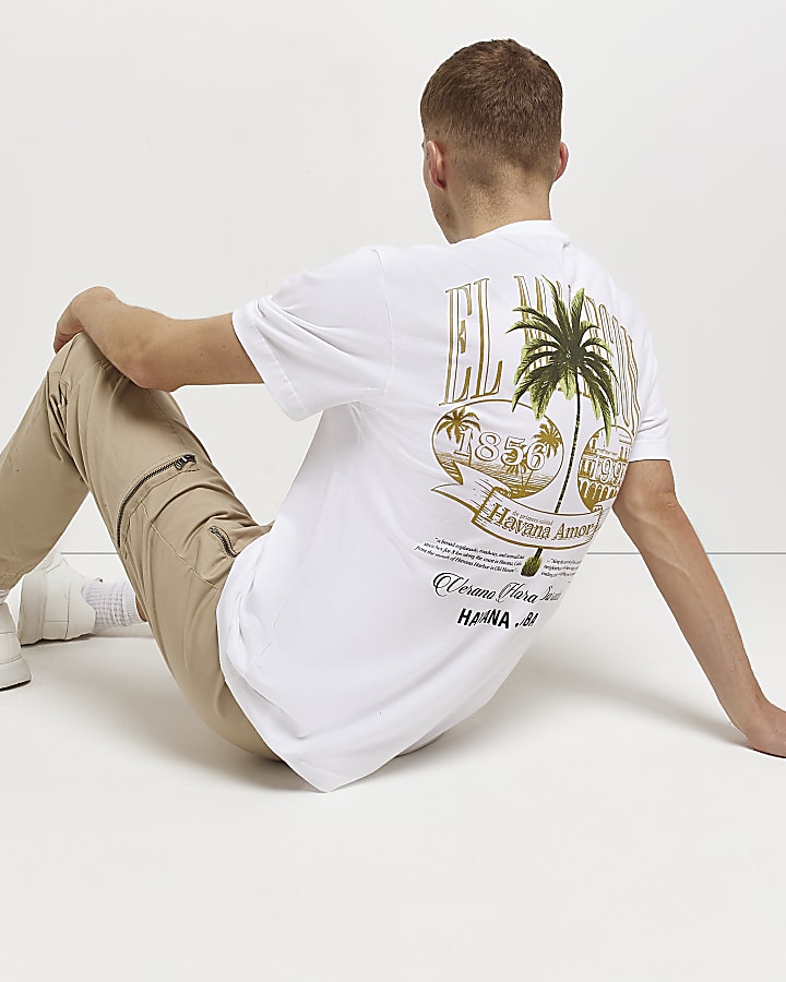 White Regular fit graphic palm print t-shirt