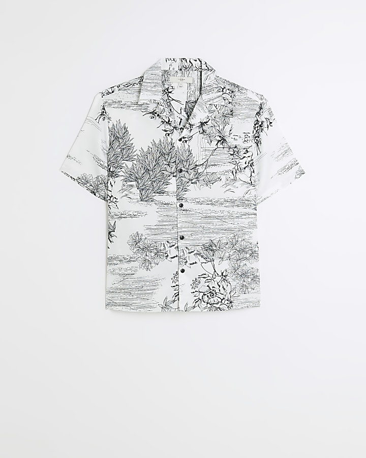 White regular fit graphic print revere shirt