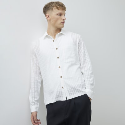 White Regular Fit Grid Textured Shirt