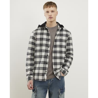 White Regular Fit Hooded Brushed Check Shirt