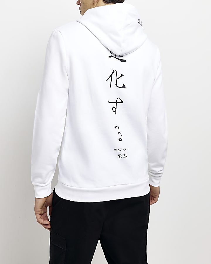 White Regular fit Japanese Graphic Hoodie
