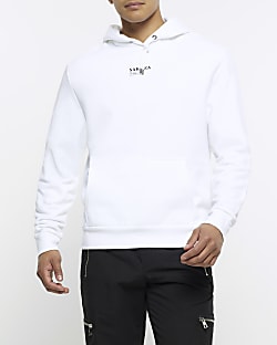 White regular fit Japanese print hoodie