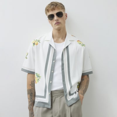White Regular Fit Lemon Print Striped Shirt