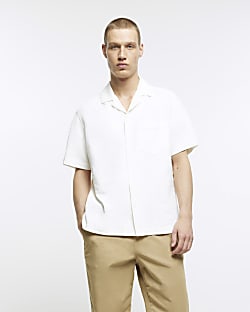 White regular fit linen blend revere shirt