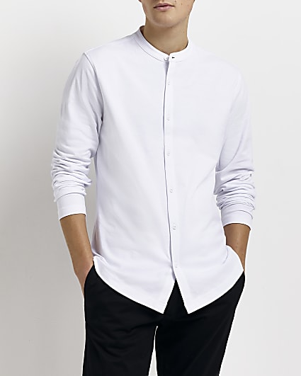 White regular fit long sleeve Grandad Shirt