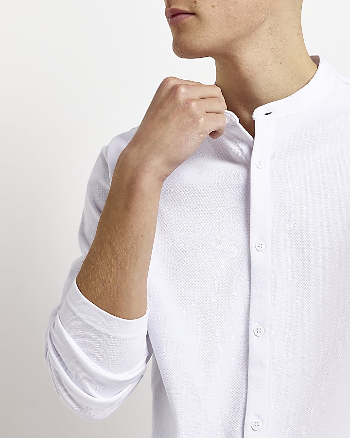 White regular fit long sleeve Grandad Shirt