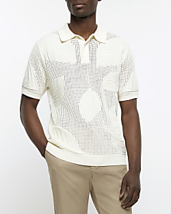 White regular fit mesh floral polo shirt