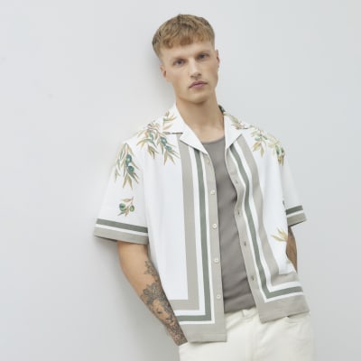 White Regular Fit Olive Print Striped Shirt