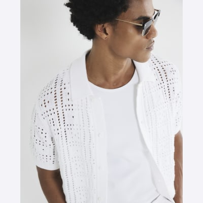 White Regular Fit Open Knit Shirt