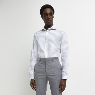 White regular fit stripe long sleeve shirt | River Island