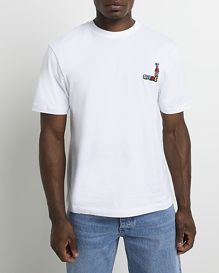 White Regular fit Take care graphic t-shirt