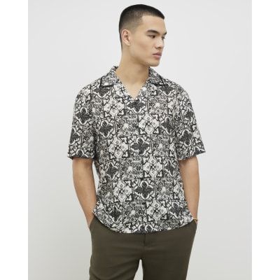 White Regular Fit Tile Design Revere Shirt