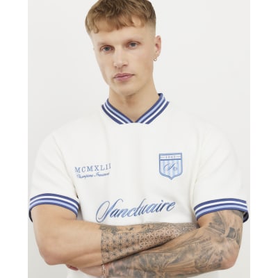 White Regular Fit Tipped Crest V Neck T-Shirt