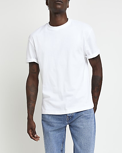 White Regular Fit turn up sleeve T-shirt