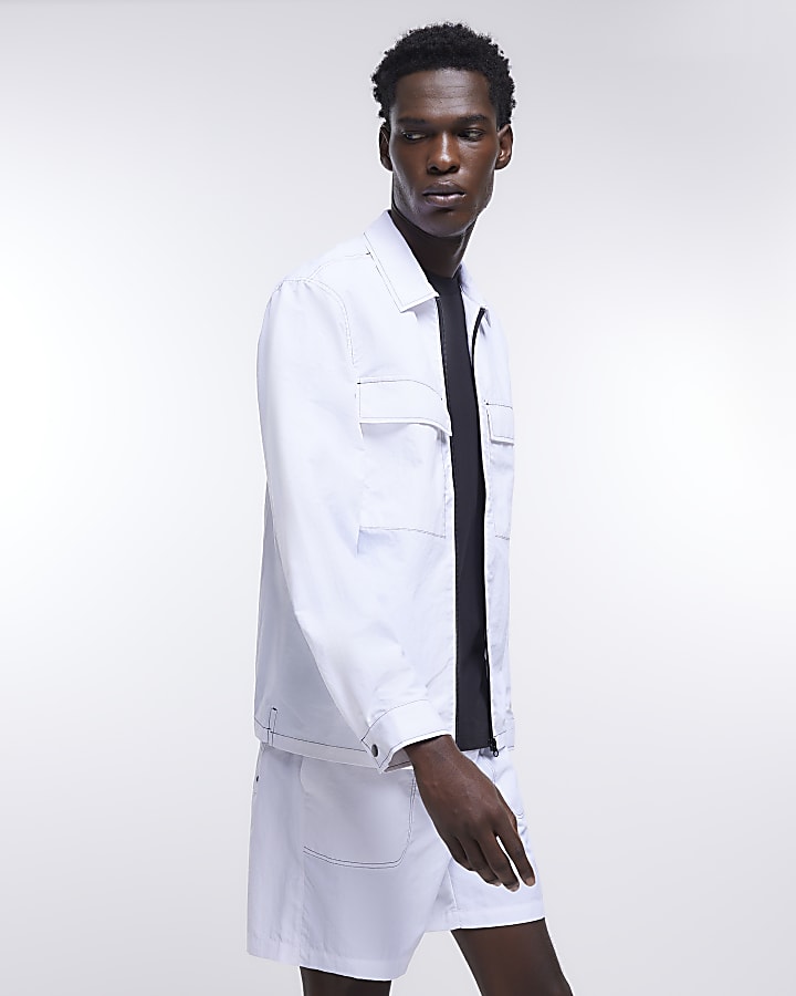 White regular fit zip up long sleeve shirt