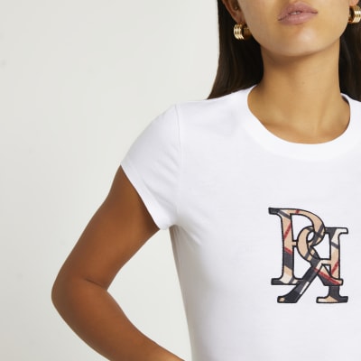 White RI Branded Shrunken T shirt River Island