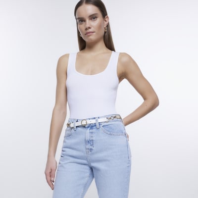 White RI monogram chain belt