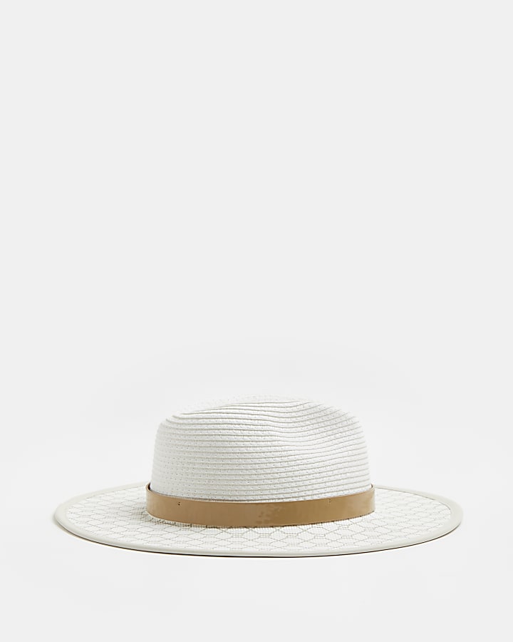White RI monogram print straw fedora hat