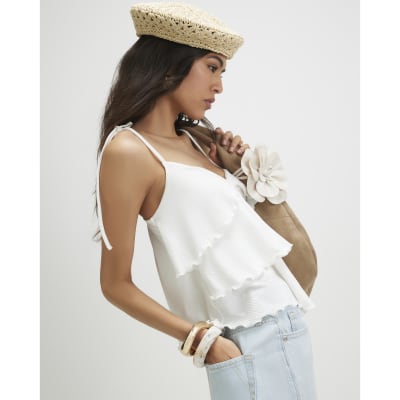 White Rib Ruffle Cami Top | River Island